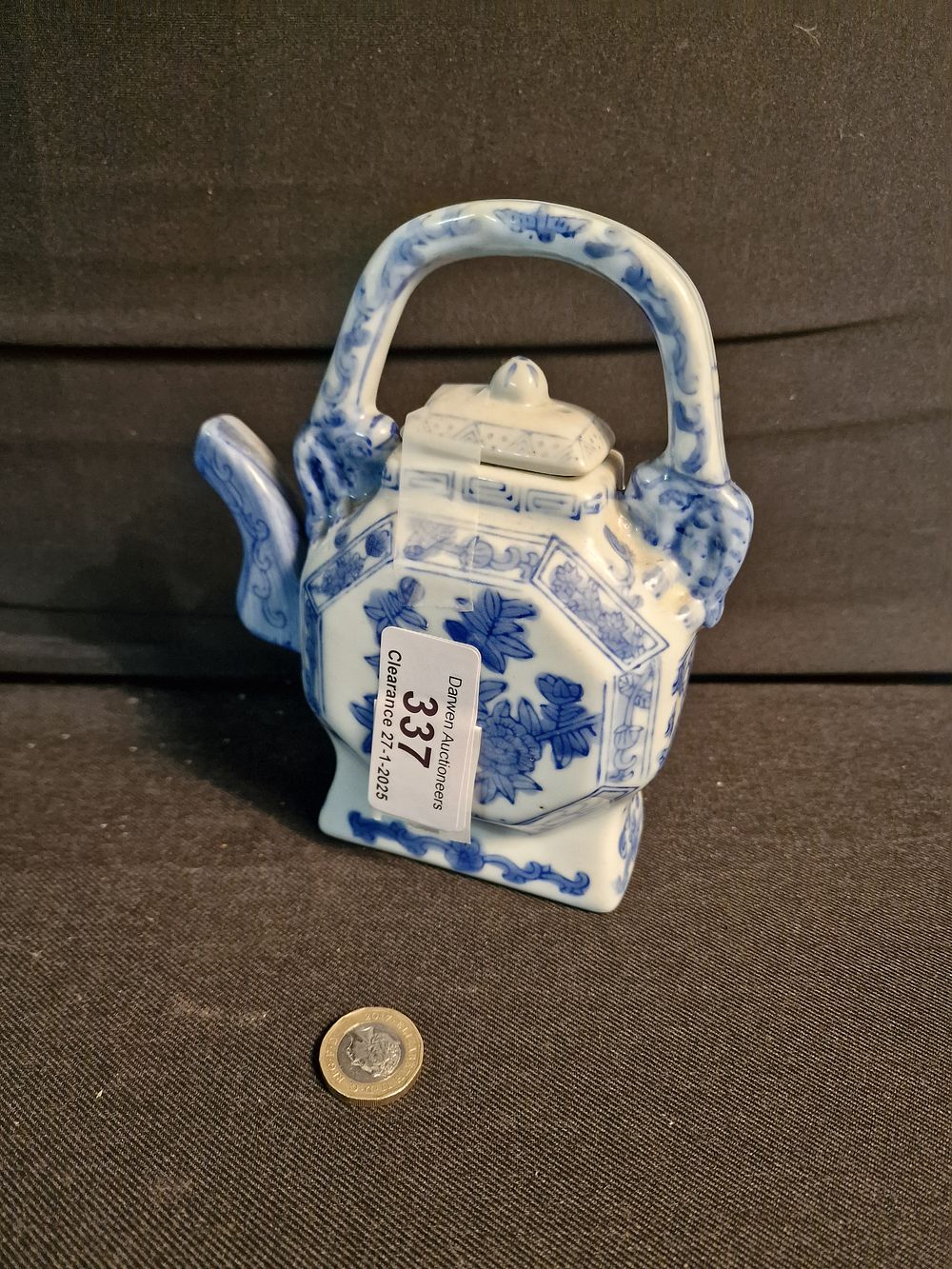 Lot 337: Vintage Chinese Blue and White Porcelain Shaped Teapot