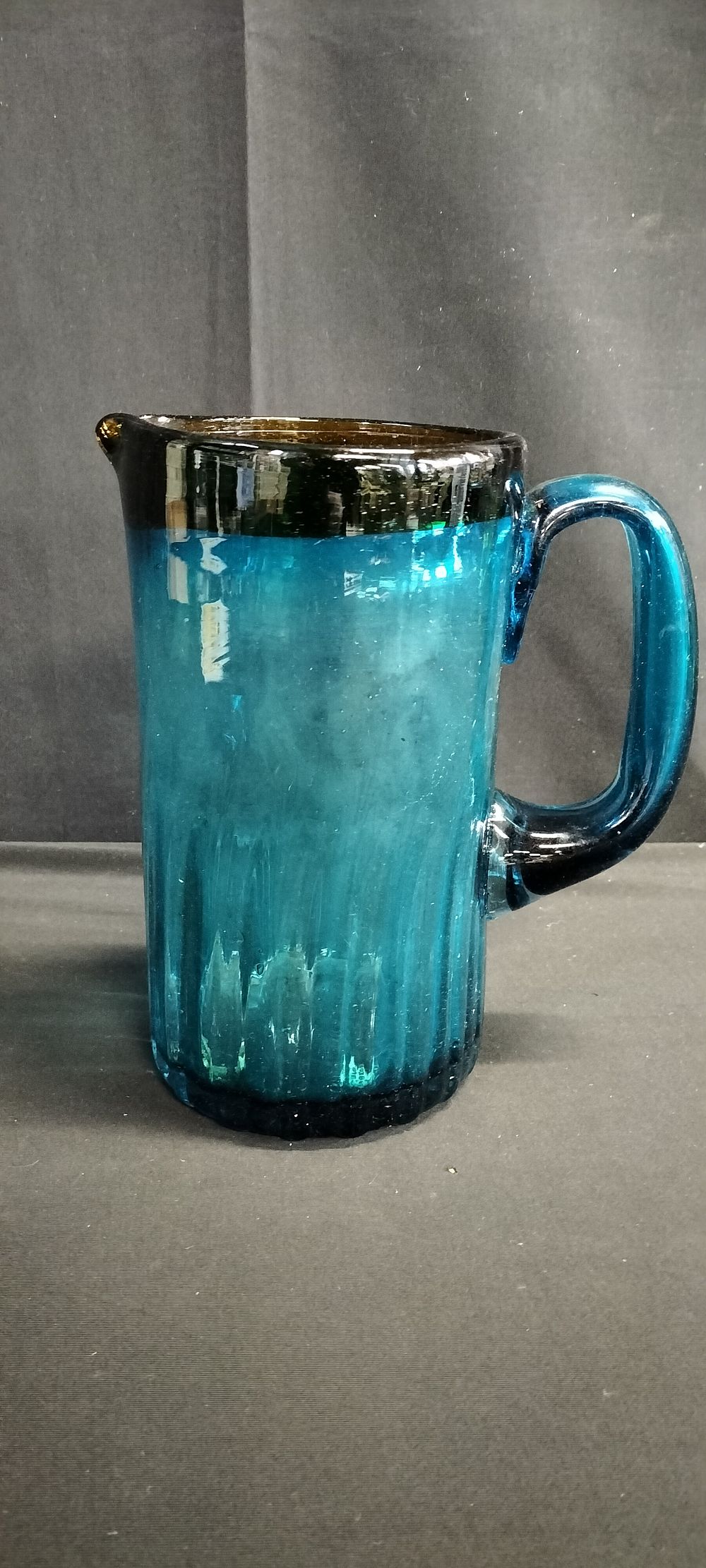 Lot 166: Mid century hand blown blue tall pitcher jug...