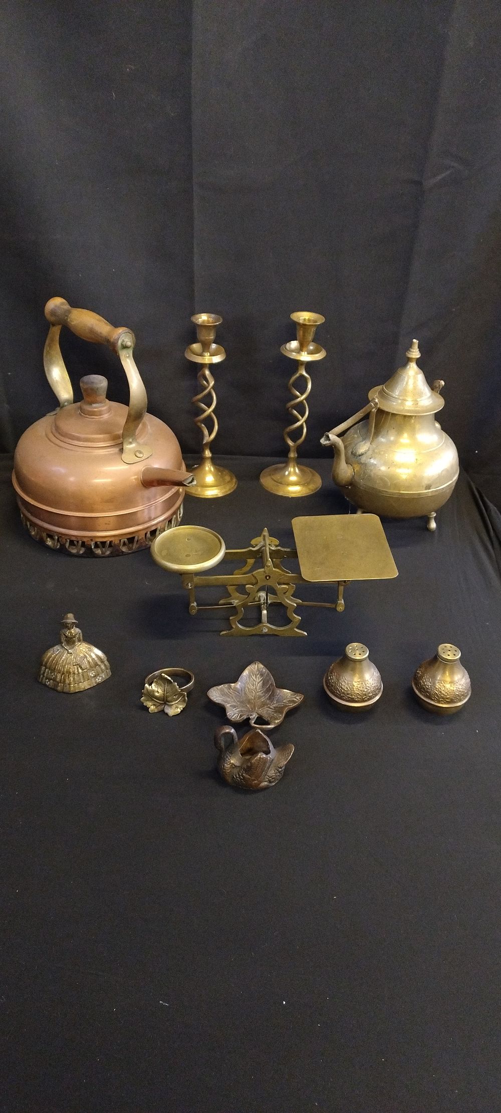 Lot 214: Collection of brassware and copper including copper kettle,...