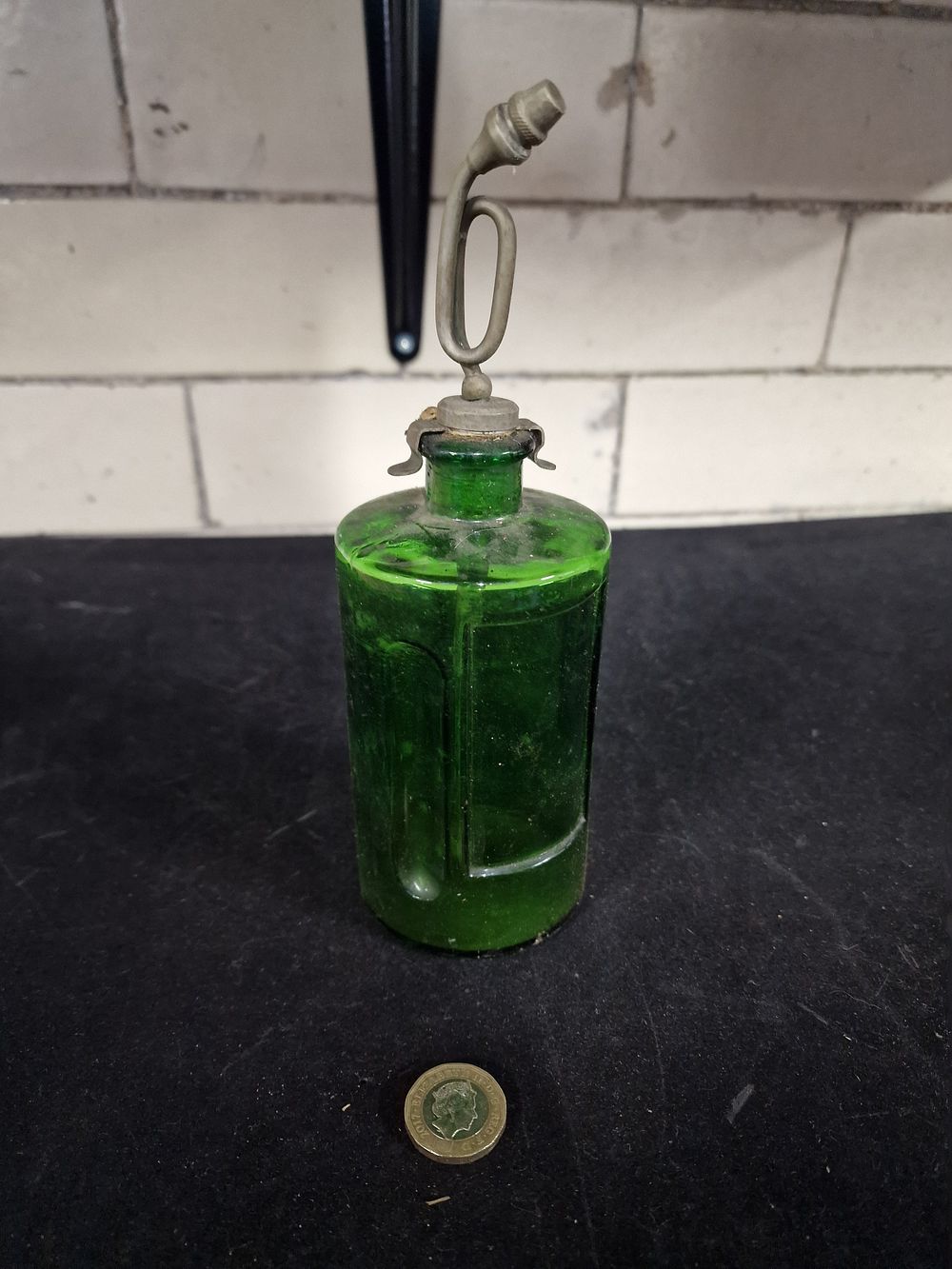 Lot 247: Antique Green Glass Cromessol Glasgow Disinfectant Bottle with Atomizer Pump