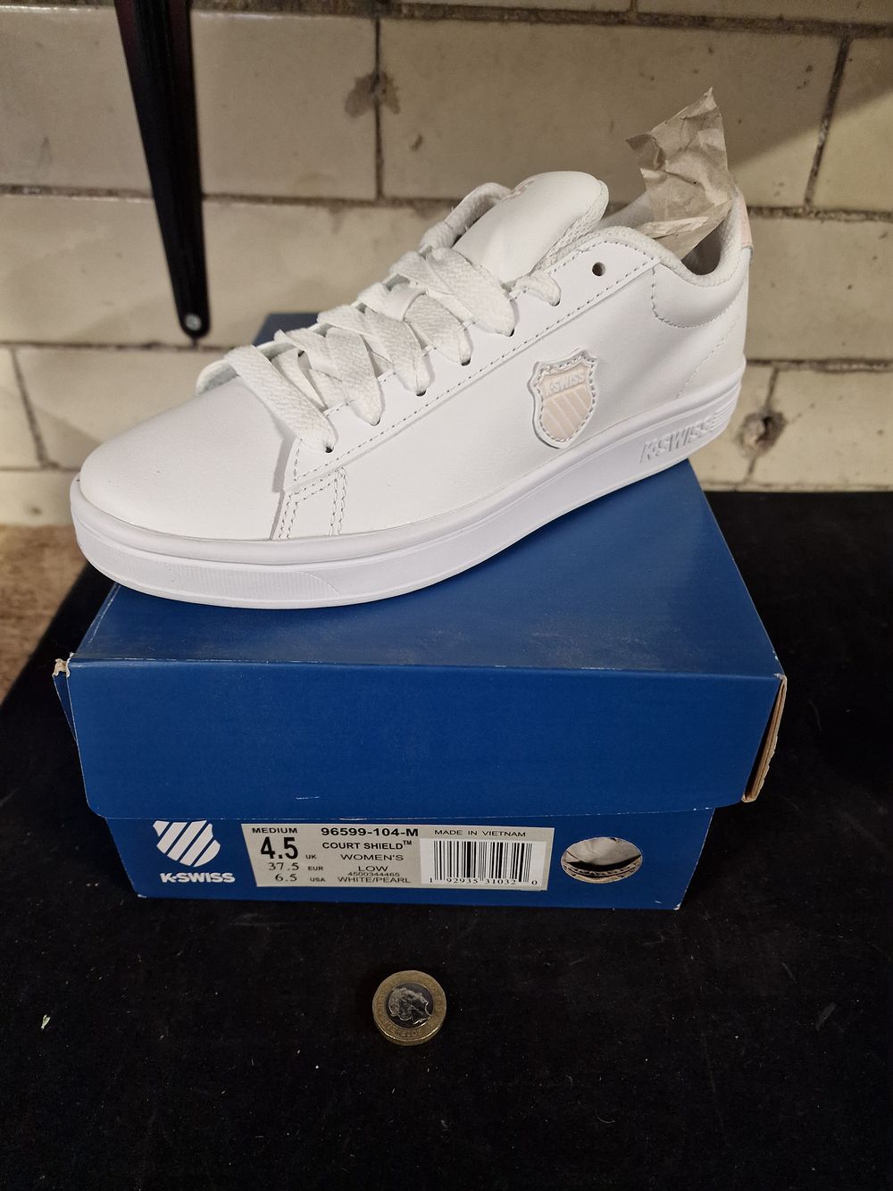 Lot 358: Brand New K-Swiss Womens Low Court Shield Trainer White Pearl Size 4.5