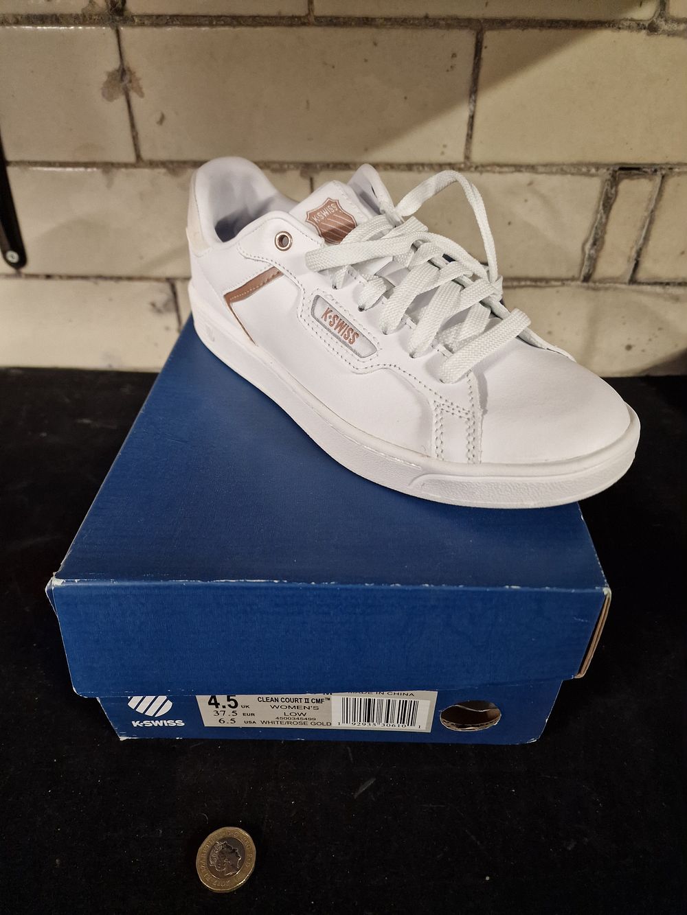 Lot 359: Brand New K-Swiss Womens Low Court Shield Trainer White Rose Gold Size 4.5