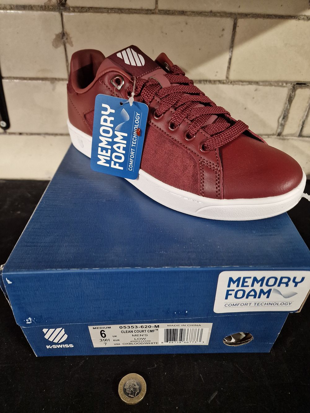 Lot 360: Brand New K-Swiss Mens Clean Court CMF Low Trainers with Memory Foam Oxblood White Size 6