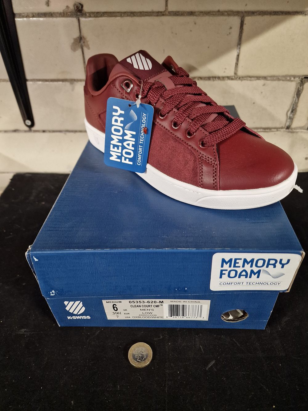 Lot 361: Brand New K-Swiss Mens Clean Court CMF Low Trainers with Memory Foam Oxblood White Size 6