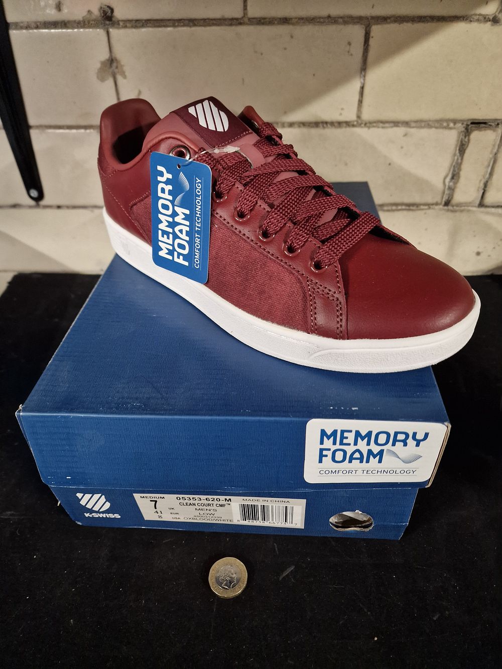 Lot 363: Brand New K-Swiss Mens Clean Court CMF Low Trainers with Memory Foam Oxblood White Size 7