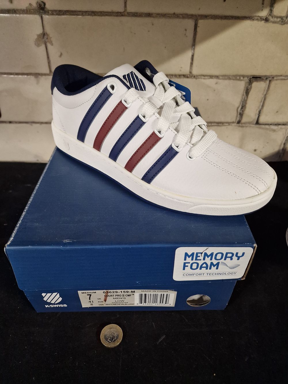 Lot 367: Brand New K-Swiss Mens Court Pro II CMF Low Trainers with Memory Foam White Medieval Blue Size 7