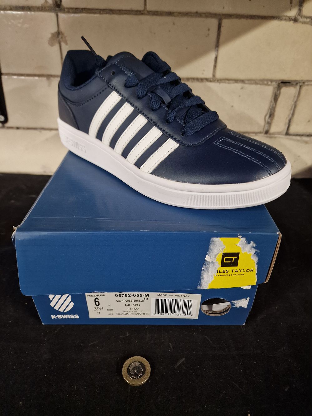 Lot 371: Brand New K-Swiss Mens Court Chesterfield Low Trainers Black Iris White Size 6
