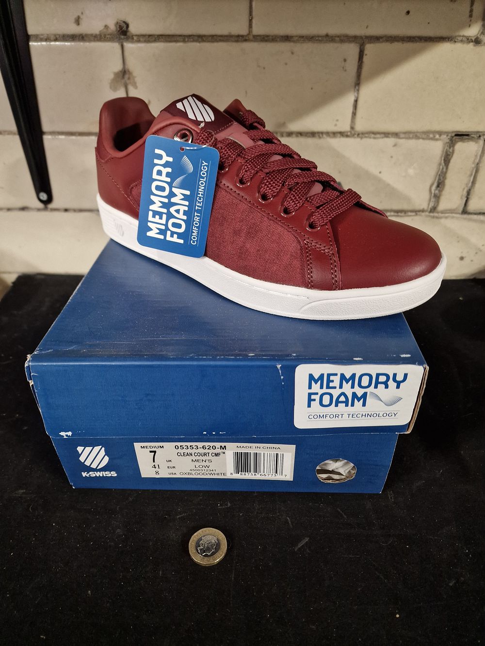 Lot 385: Brand New K-Swiss Mens Clean Court CMF Low Trainers with Memory Foam Oxblood White Size 7