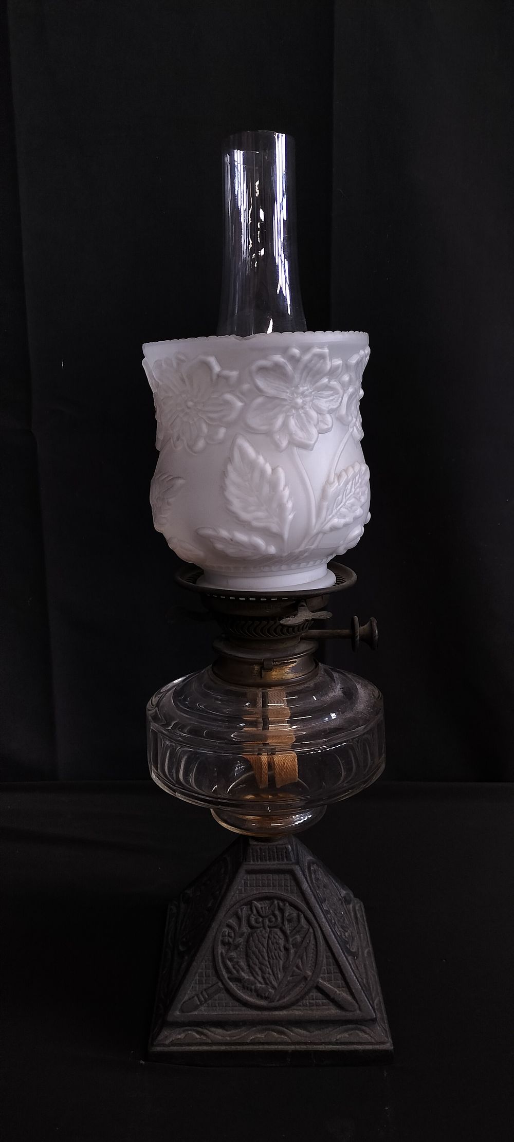 Lot 195: Old oil lamp measures approx 54.5 x 15...