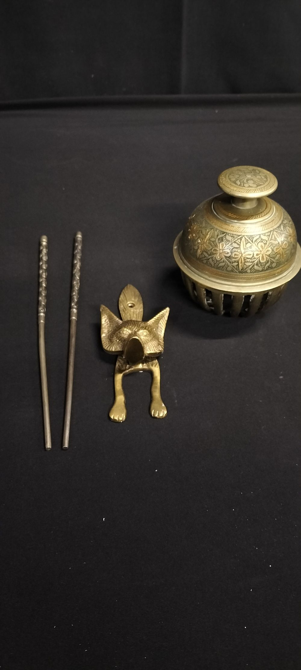 Lot 239: Selection of brass items including, chopsticks, elephant bell...