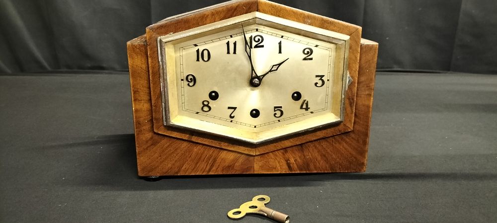 Lot 247: 1930's Kenzle. Germany. Art deco walnut mantle peaked...