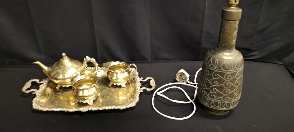 Lot 284: Brass teapot, sugar bowl, milk jug and tray....