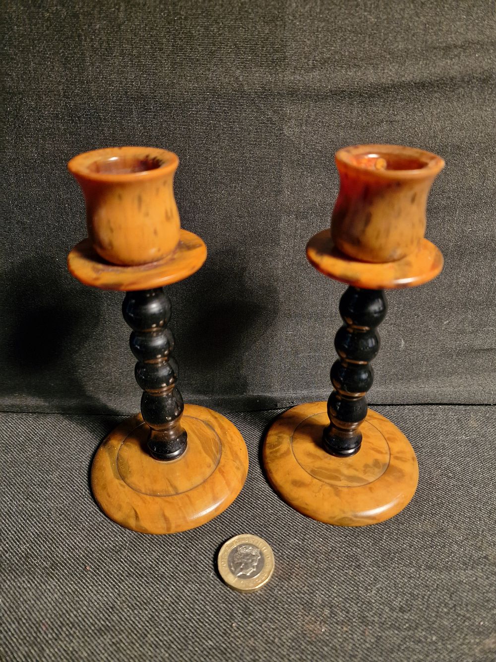 Lot 260: Pair of Faux Tortoise Shell Candle Holders