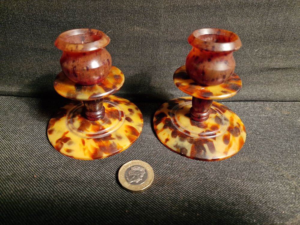 Lot 261: Pair of Short Faux Tortoise Shell Candle Holders