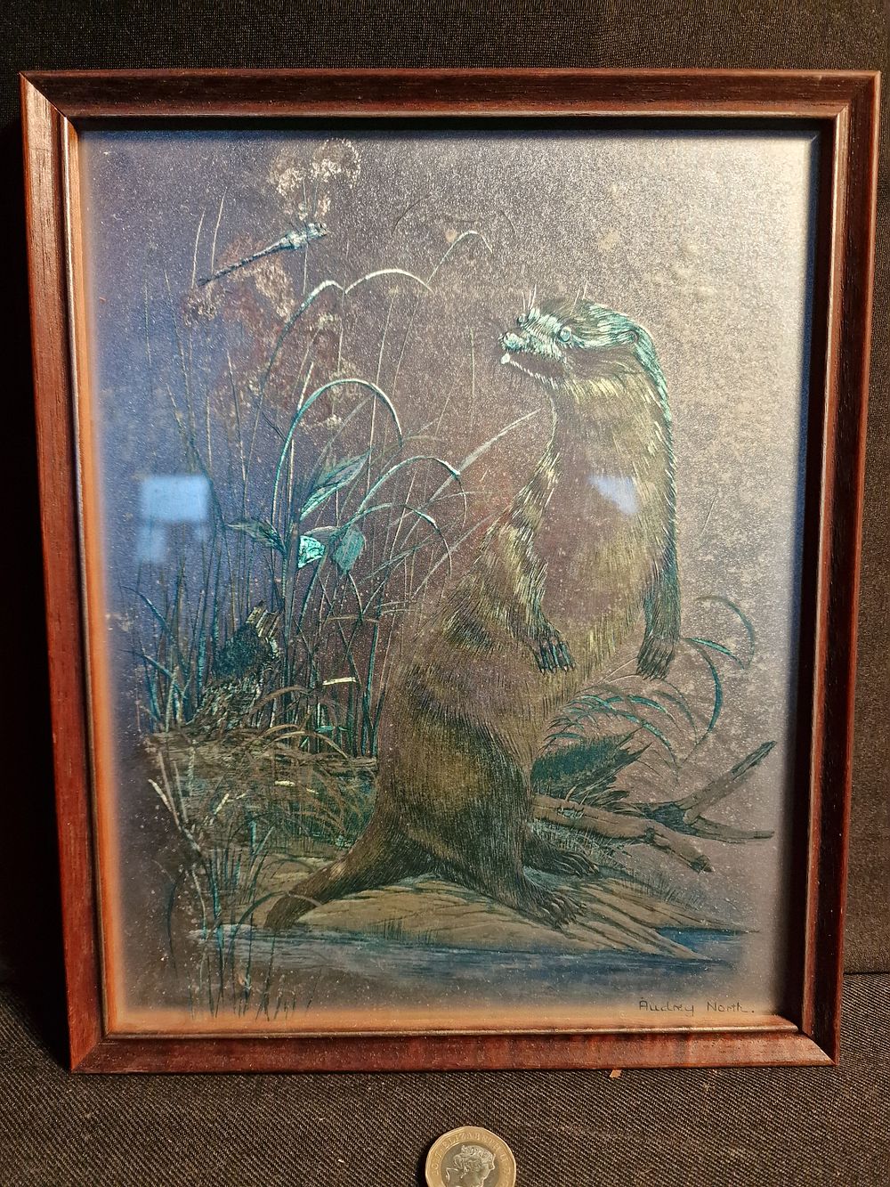 Lot 265: Vintage Framed Otter and Dragonfly Foil Print