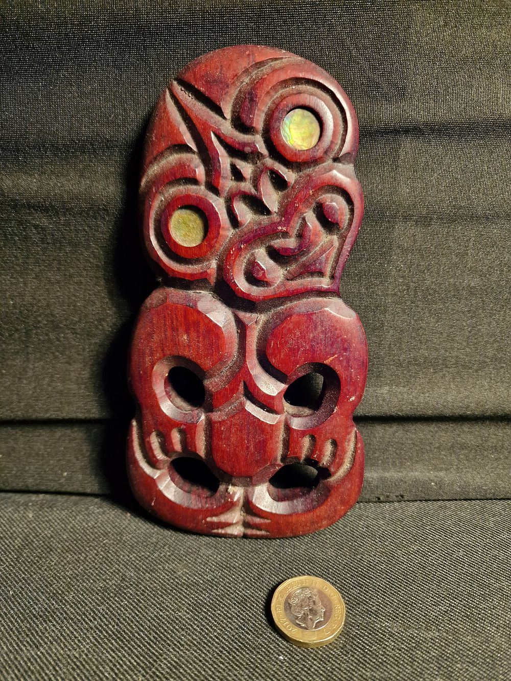 Lot 282: Vintage Maori New Zealand Wooden Hand Carved Tiki Paua Shell Eyes