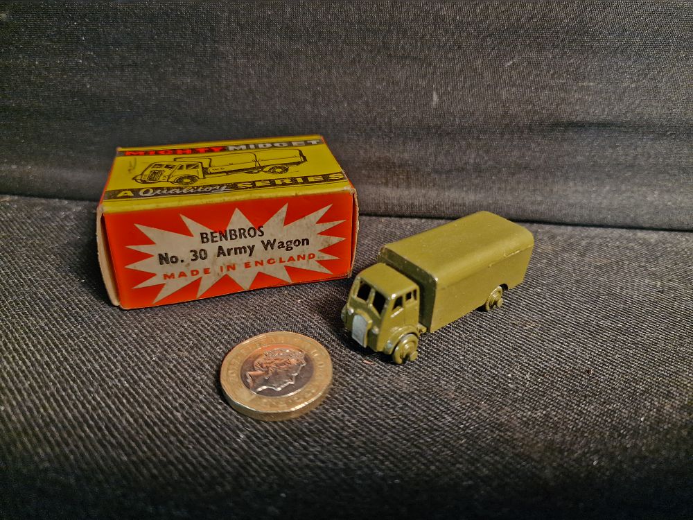 Lot 305: Vintage Benbros Mighty Midget No.30 Army Wagon in Box