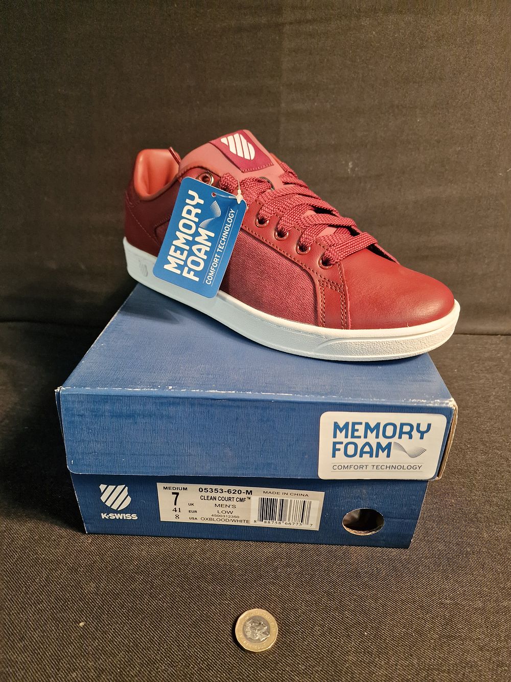 Lot 336: Brand New K-Swiss Mens Clean Court CMF Low Trainers with Memory Foam Oxblood White Size 7