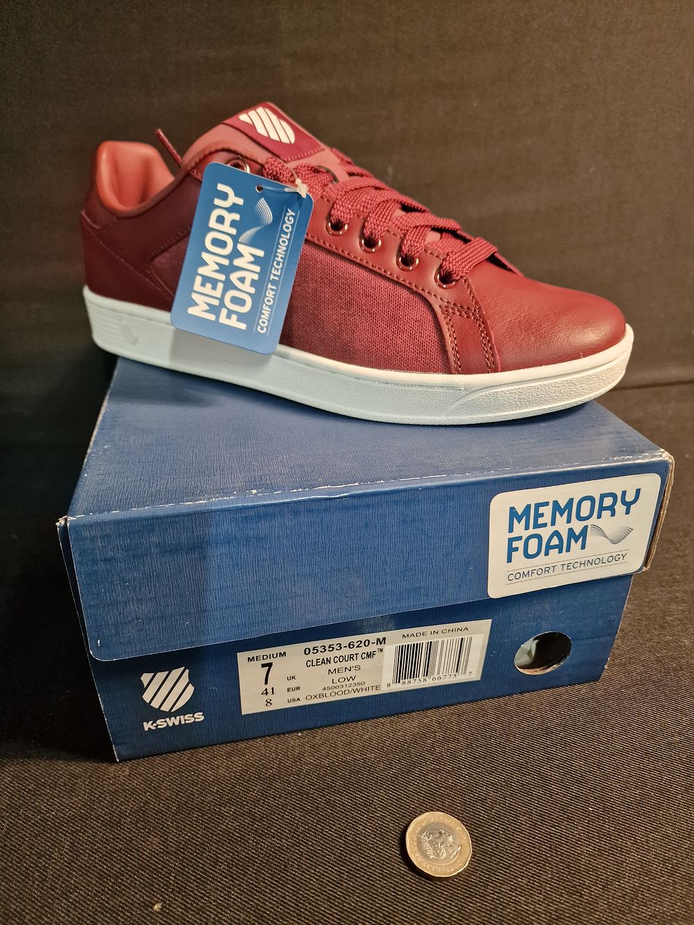 Lot 339: Brand New K-Swiss Mens Clean Court CMF Low Trainers with Memory Foam Oxblood White Size 7