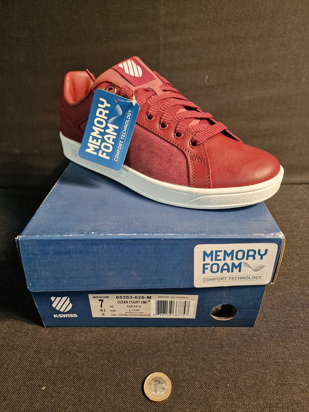 Lot 340: Brand New K-Swiss Mens Clean Court CMF Low Trainers with Memory Foam Oxblood White Size 7