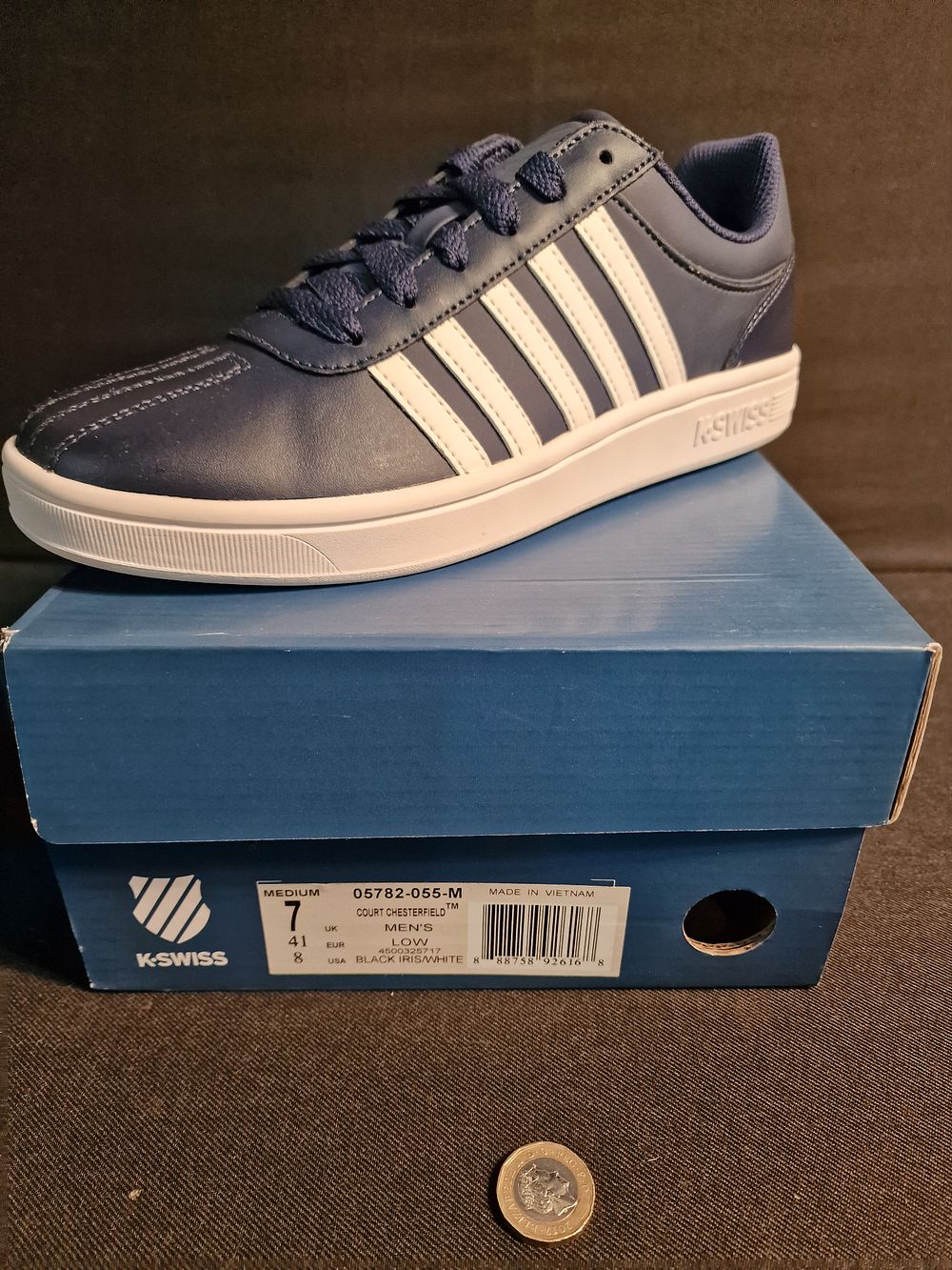 Lot 343: Brand New K-Swiss Mens Low Court Chesterfield Trainer Black Iris White Size 7