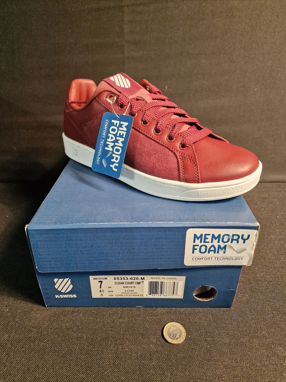 Lot 347: Brand New K-Swiss Mens Clean Court CMF Low Trainers with Memory Foam Oxblood White Size 7
