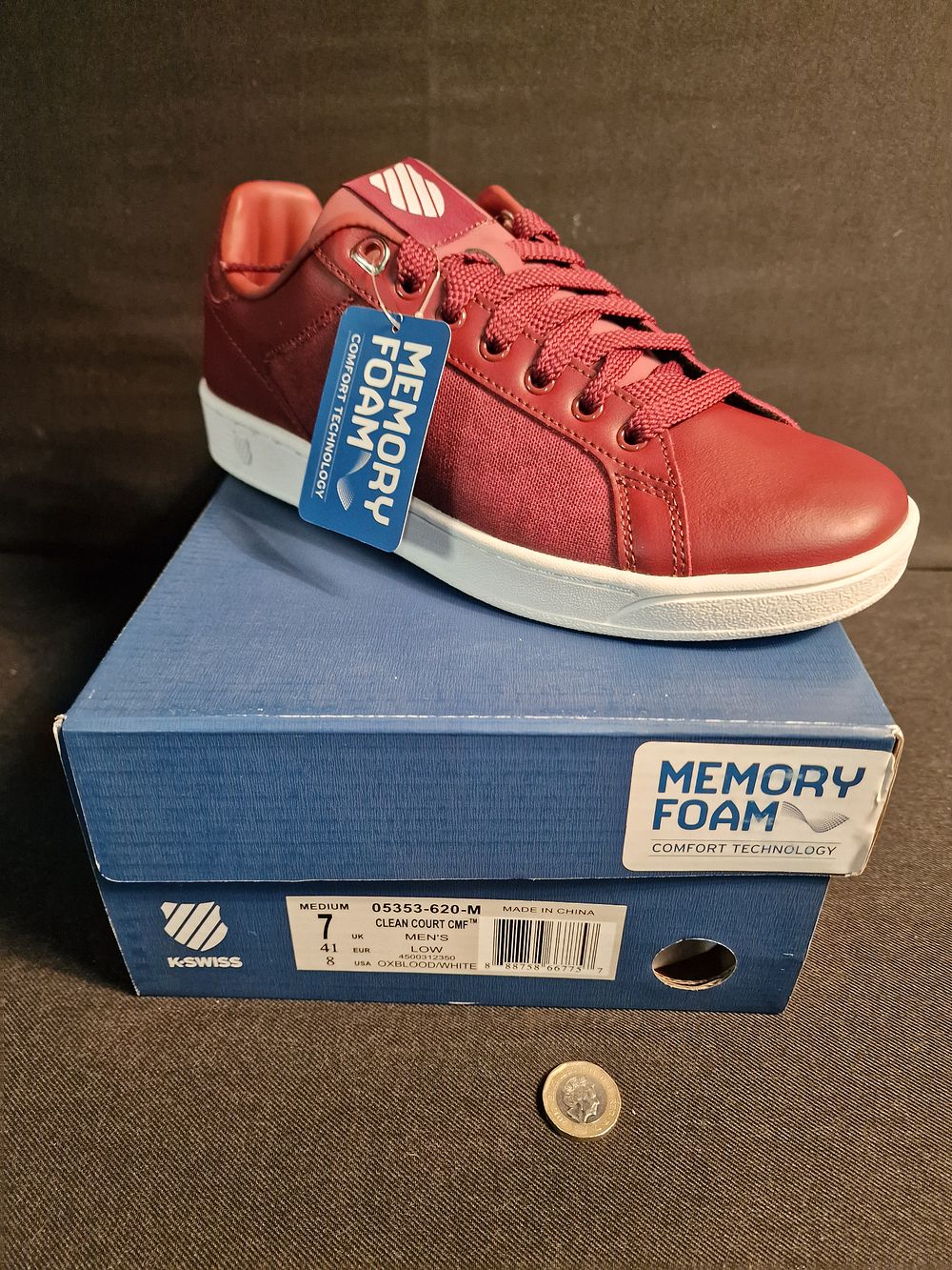 Lot 348: Brand New K-Swiss Mens Clean Court CMF Low Trainers with Memory Foam Oxblood White Size 7