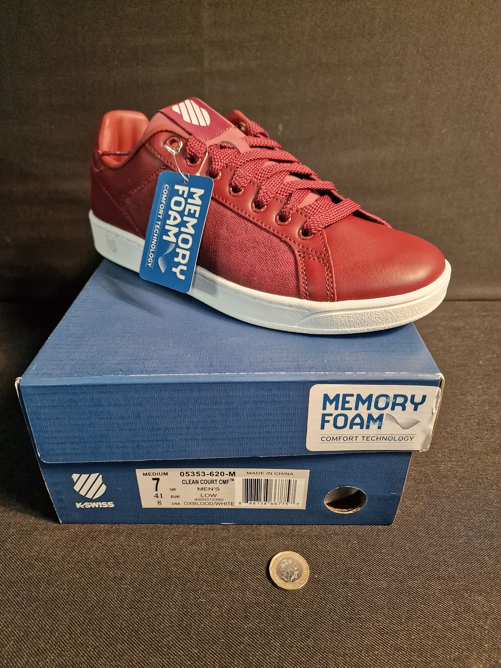 Lot 349: Brand New K-Swiss Mens Clean Court CMF Low Trainers with Memory Foam Oxblood White Size 7