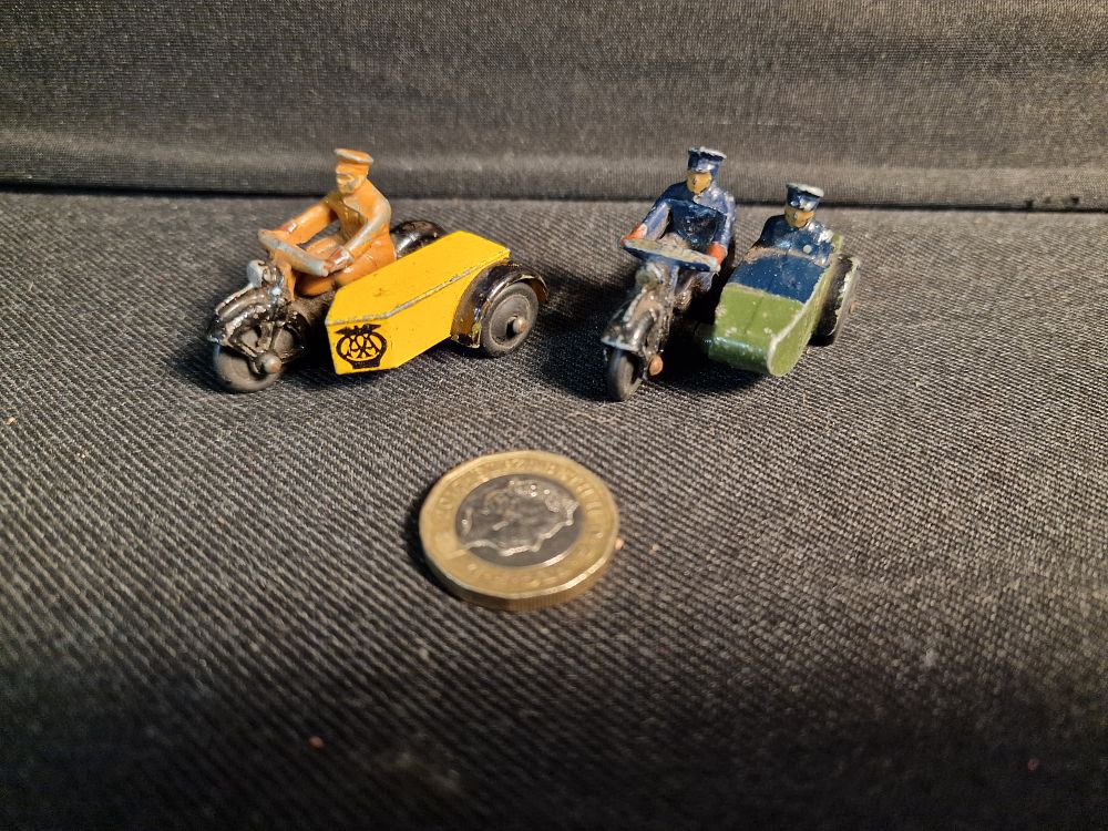 Lot 372: Pair of Dinky Motorcycle and Sidecars Play Worn