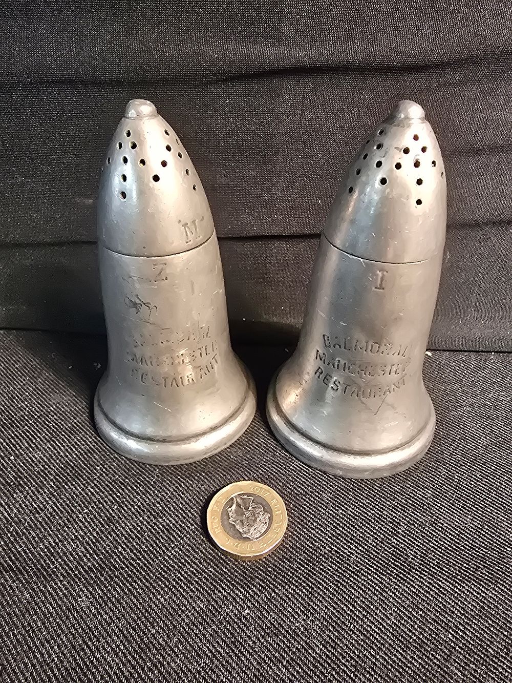 Lot 399: Vintge Balmoral Manchester  resturant EP salt and pepper pots
