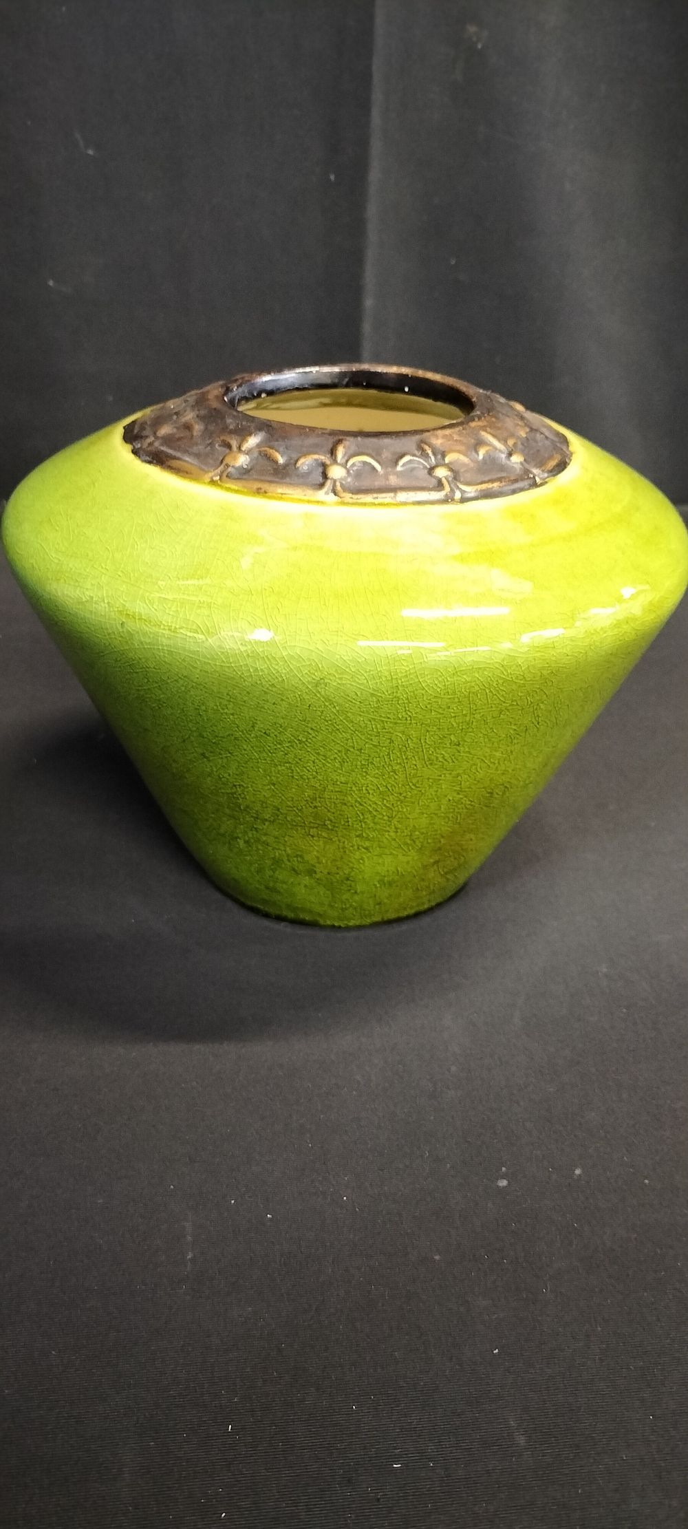 Lot 330: Green conical vase with copper effect rim with...