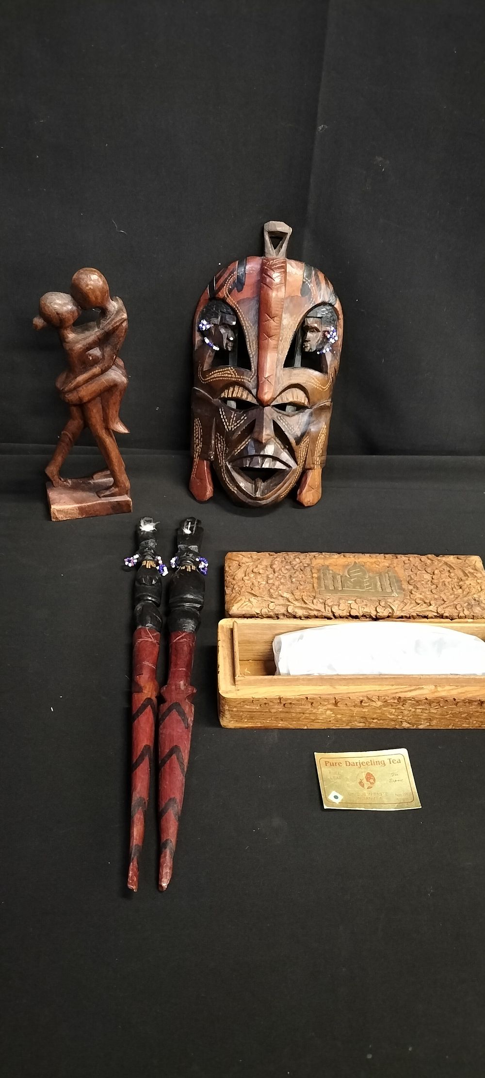 Lot 331: Selection of wood items figurines, beaded mask, ornamental...