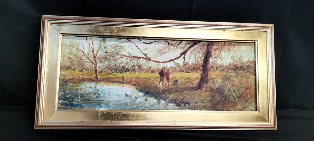 Lot 367: Gilt framed Oil on board. Titled Stroll on...