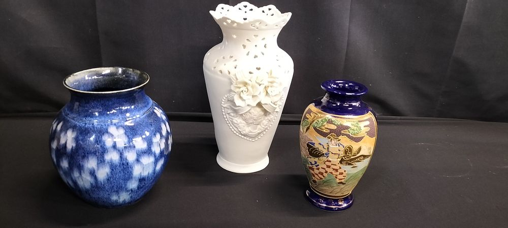 Lot 376: Three various vases including a Japanese satsuma vase,...
