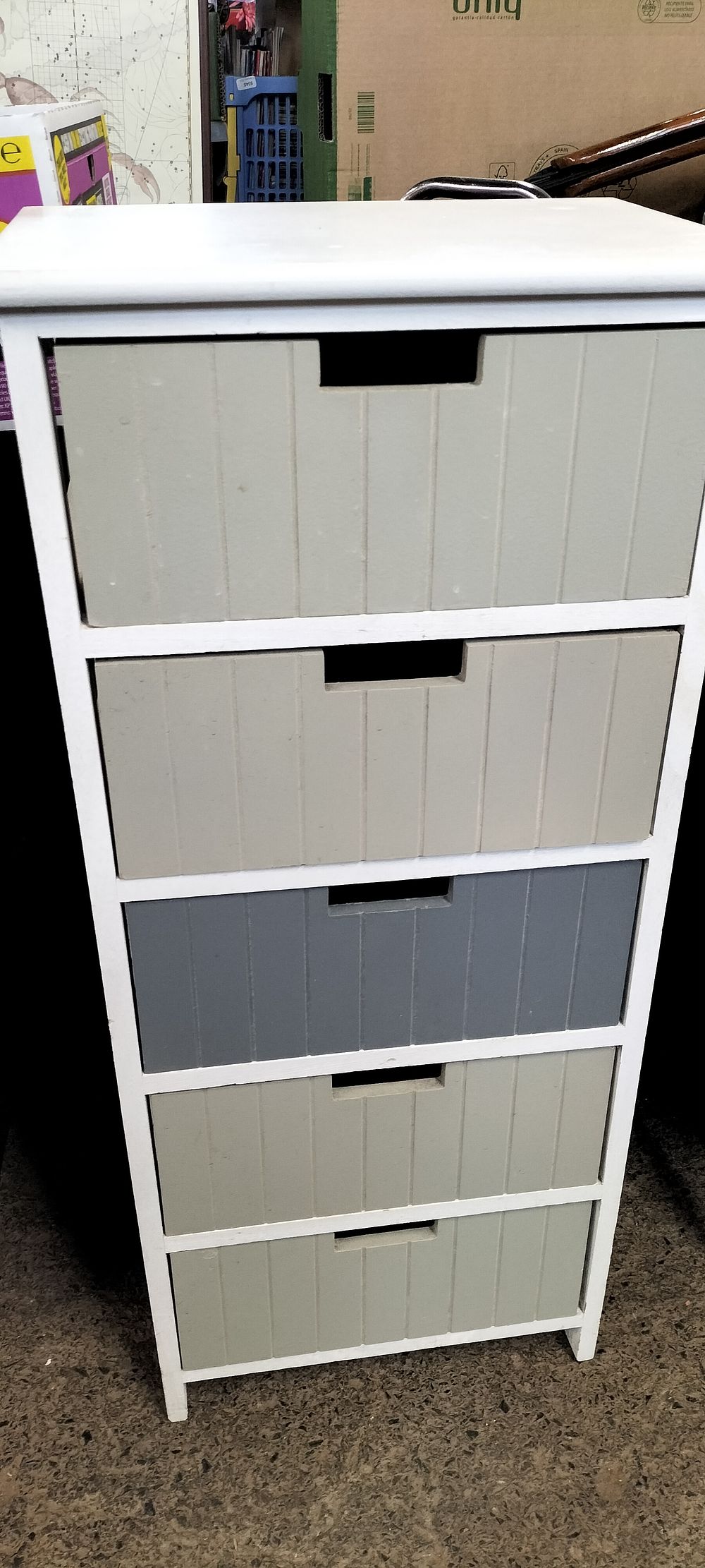 Lot 399: White wooden 5 drawer unit with grey drawers....