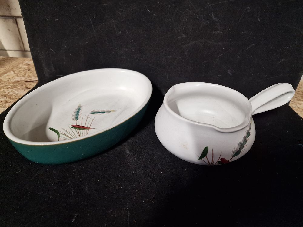 Lot 265: Vintage Denby Stoneware Greenwheat Sauce Dish and Serving Dish