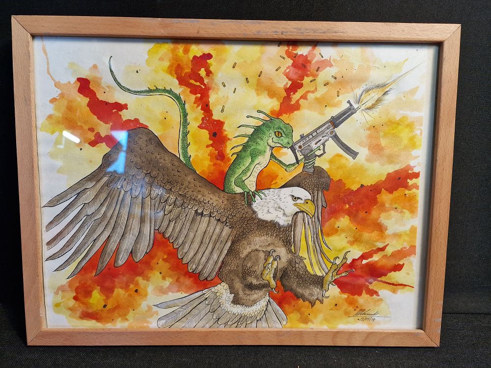 Lot 340: Framed Painting of a Lizard Firing a Gun while Riding an Eagle signed by Artist 2014 Approx 38x30cm