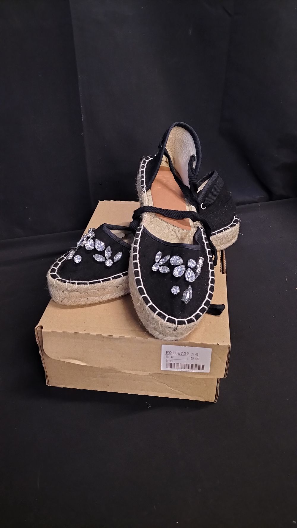 Lot 708: Pair of Jewelled espadrille tie up sandles size...
