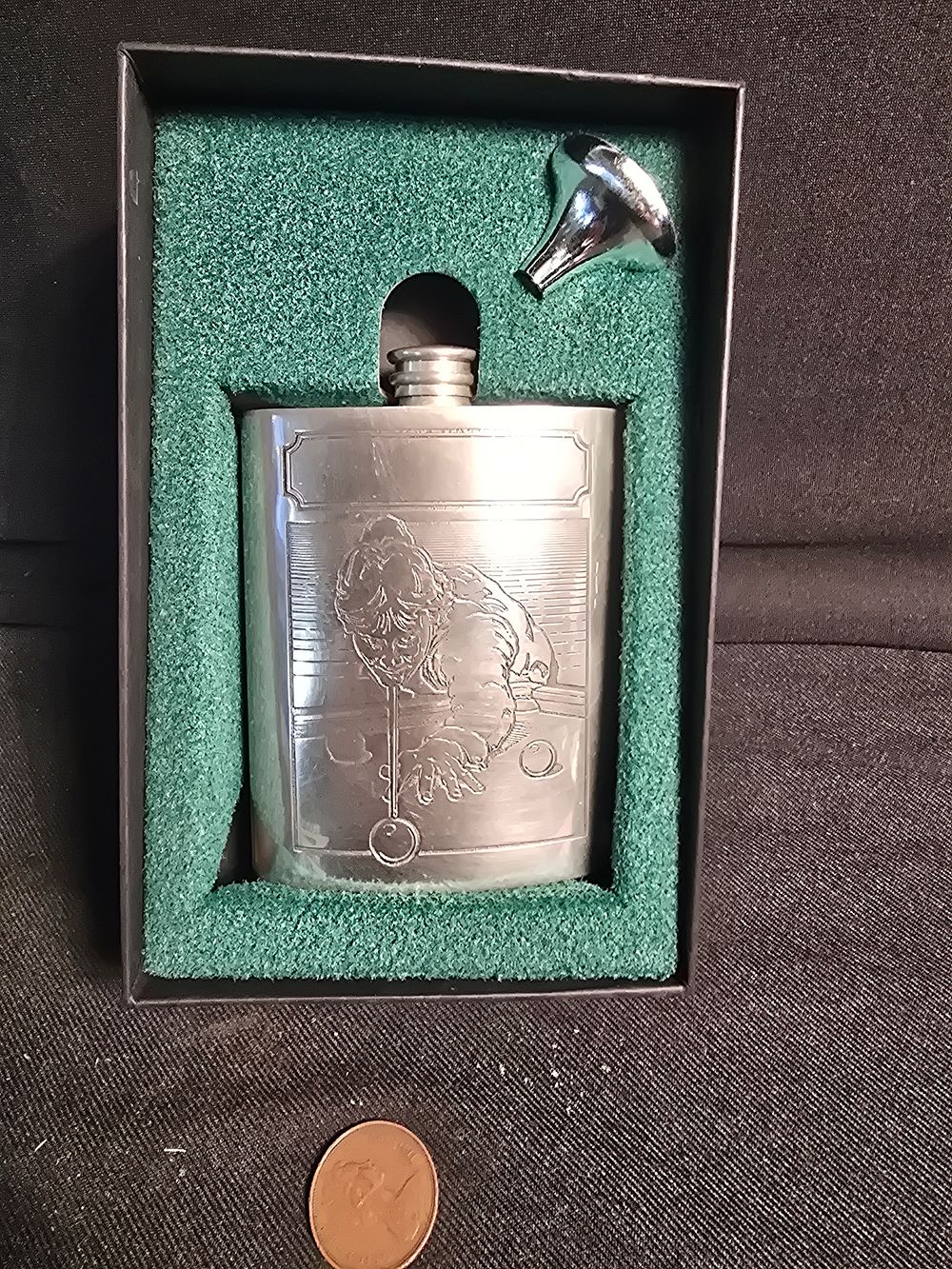 Lot 676: Stainless steel hip flask image of. Man playing snooker