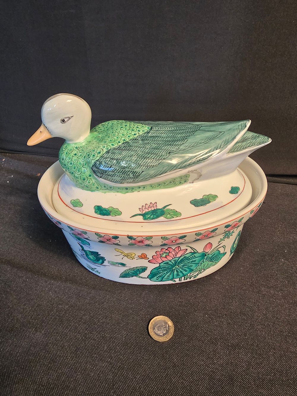 Lot 590: Vintage Chinese Ceramic Rose Nesting Duck/Goose Casserole Dish