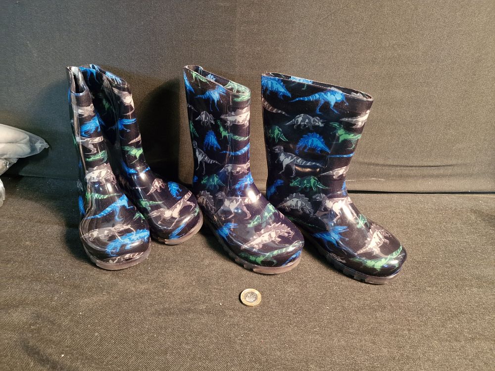 Lot 173: Two Pairs of Kids Wellington Boots Dinosaur Design Light Up size 11&13