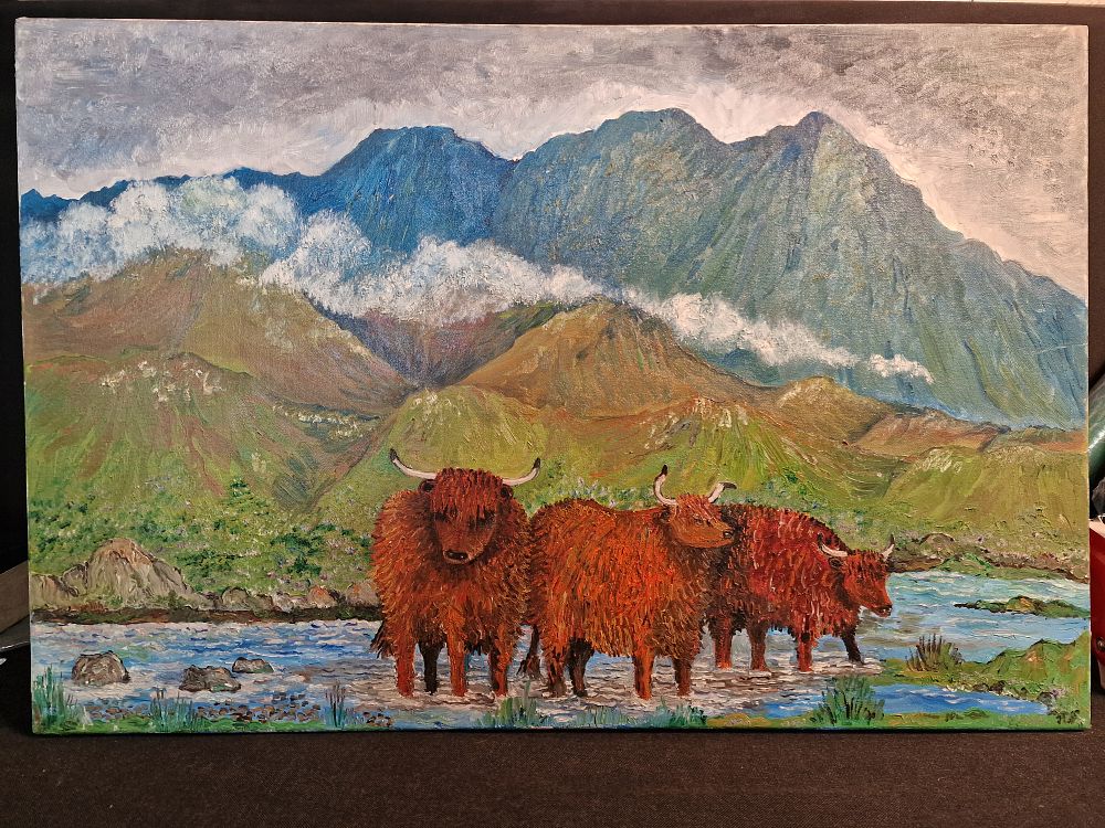 Lot 213: Original Oil Painting on Canvas of Highland Cows by Local Artist Approx 76x51cm