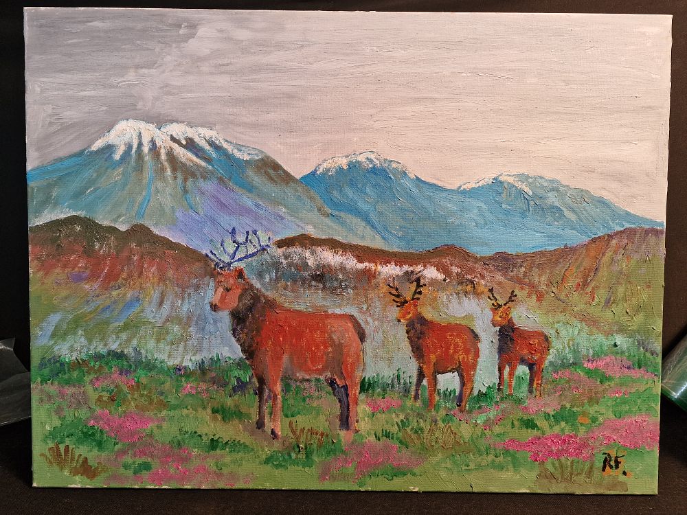 Lot 216: Original Oil Painting of Scottish Deer on Canvas by Local Artist Approx 61x47cm