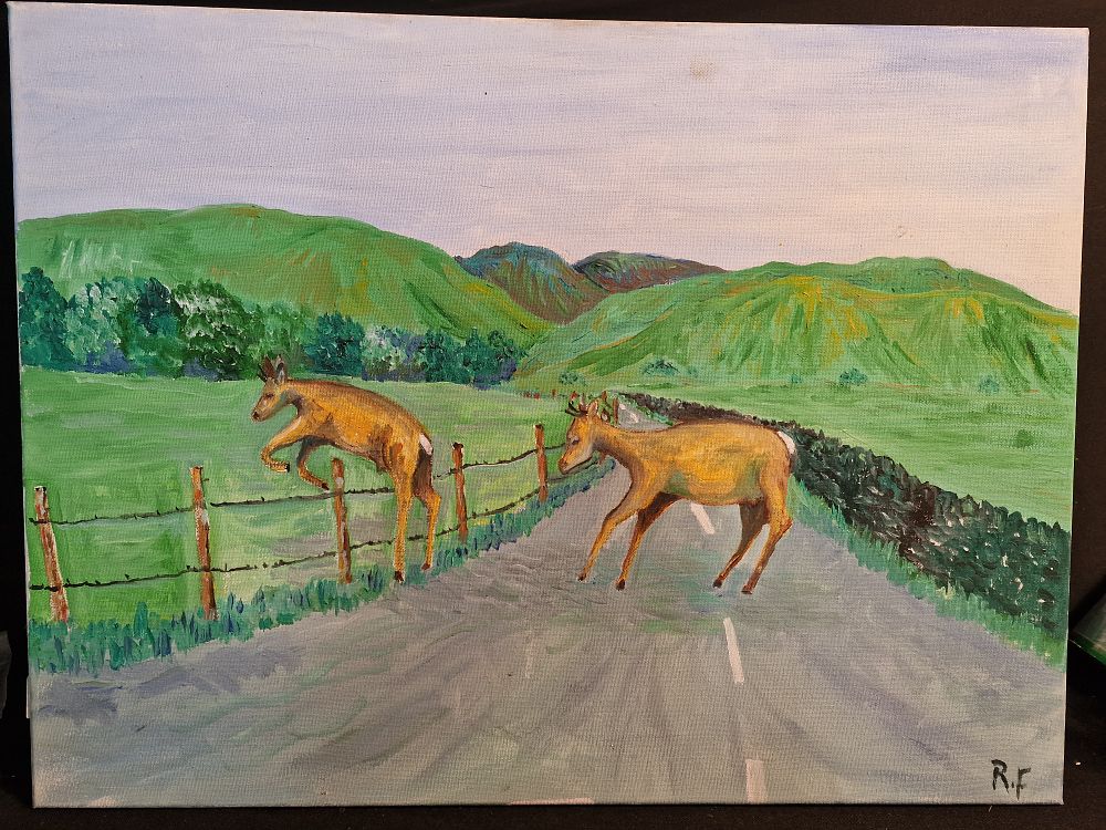 Lot 218: Original Oil Painting of Deer Jumping a Fence on Canvas by Local Artist Approx 61x47cm