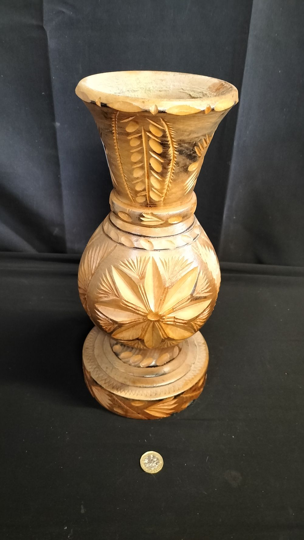 Lot 611: Solid Wood carved vase 