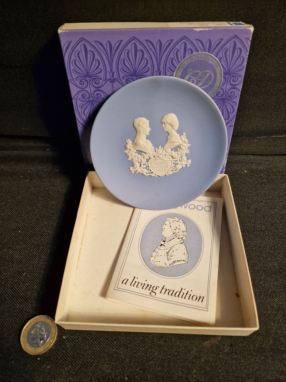Lot 265: Vintage Collectable Wedgwood Blue and White Commemorative Plate of Prince Williams Birth 1982 in Box