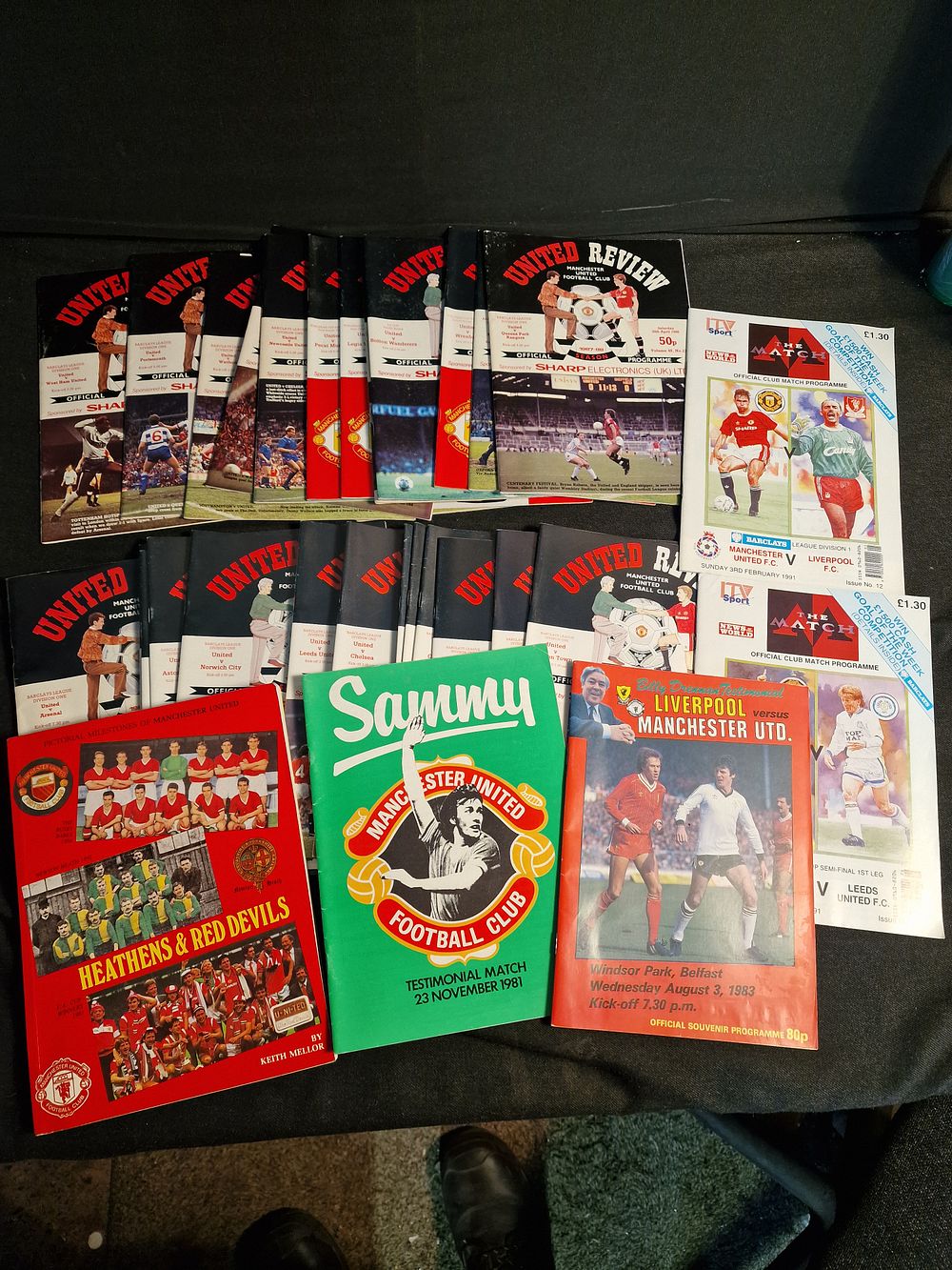 Lot 337: Selection of Vintage Manchester United Home Match Programmes 1987-91, Heathens & Red Devils Book and Two Testimonial Match Programmes