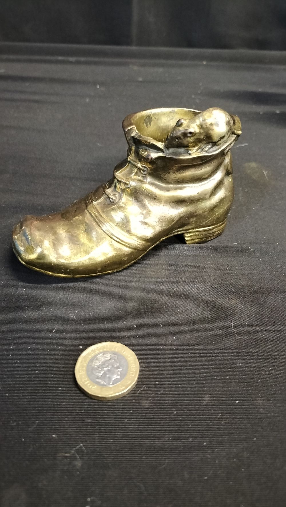 Lot 679: Brass boot with a mouse on top match...