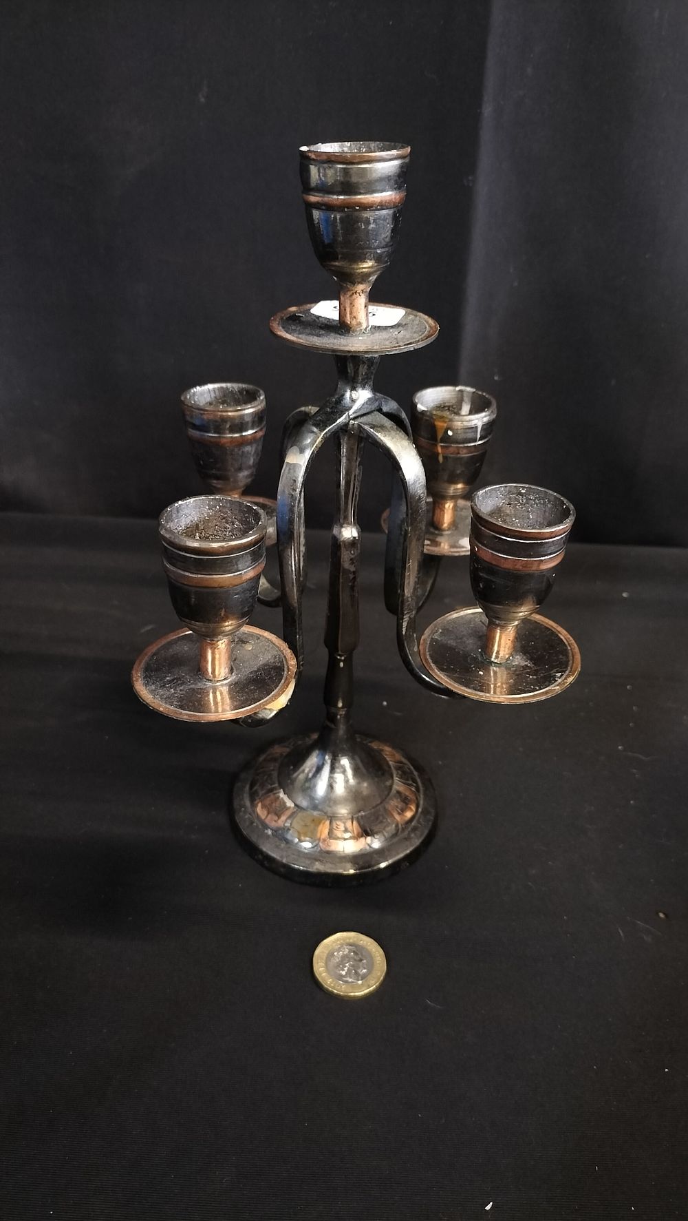 Lot 680: 5 stem candleabra with copper 