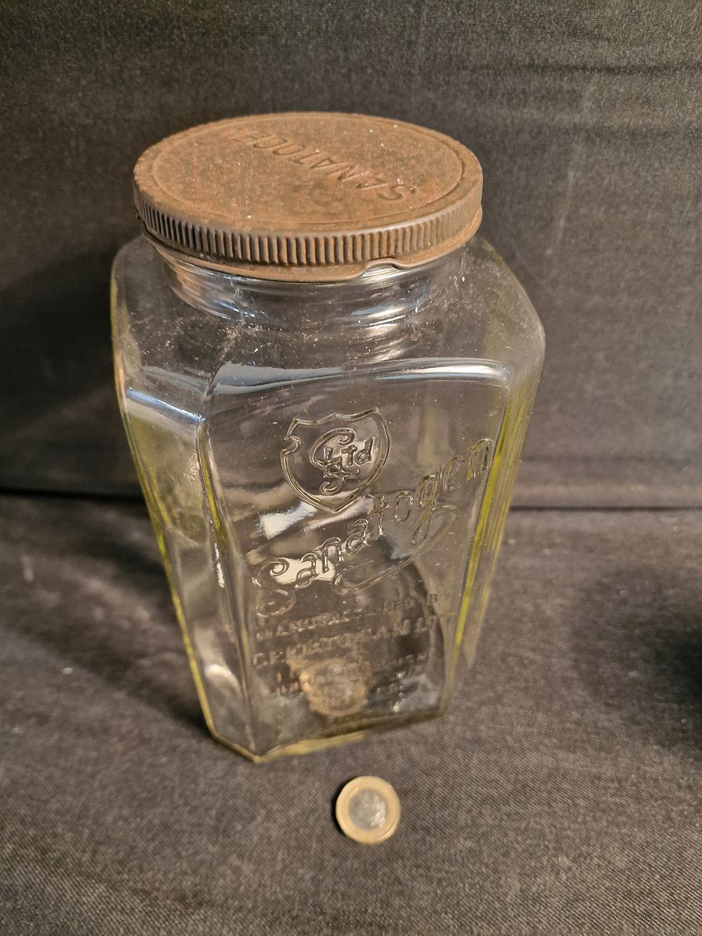 Lot 342: Vintage Glass Sanatogen Jar and Lid